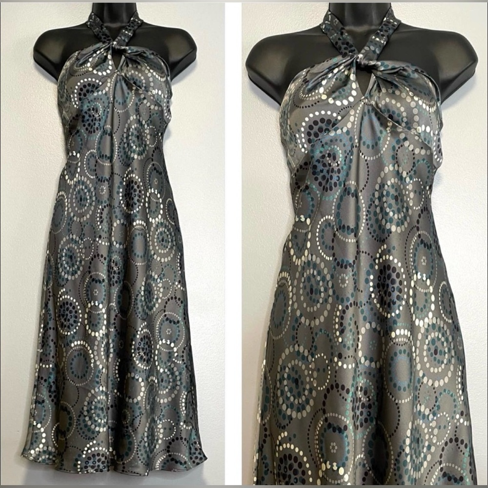 Laundry by Shelli Segal Vintage Silk Grey Blue Dot Halter Cocktail Slip Dress 8